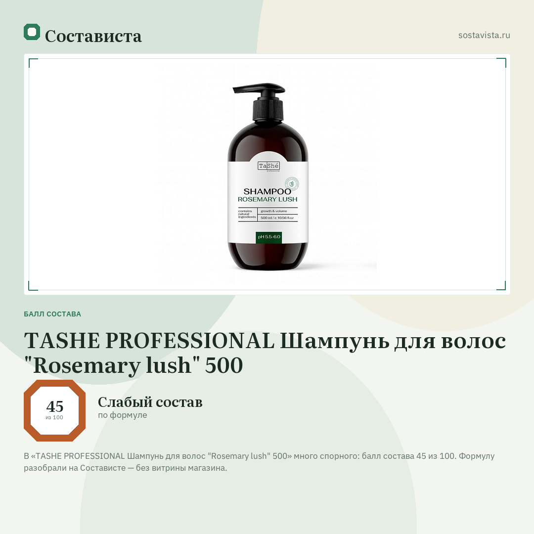TASHE PROFESSIONAL Шампунь для волос "Rosemary lush" 500: балл состава 45 из 100 — Состависта