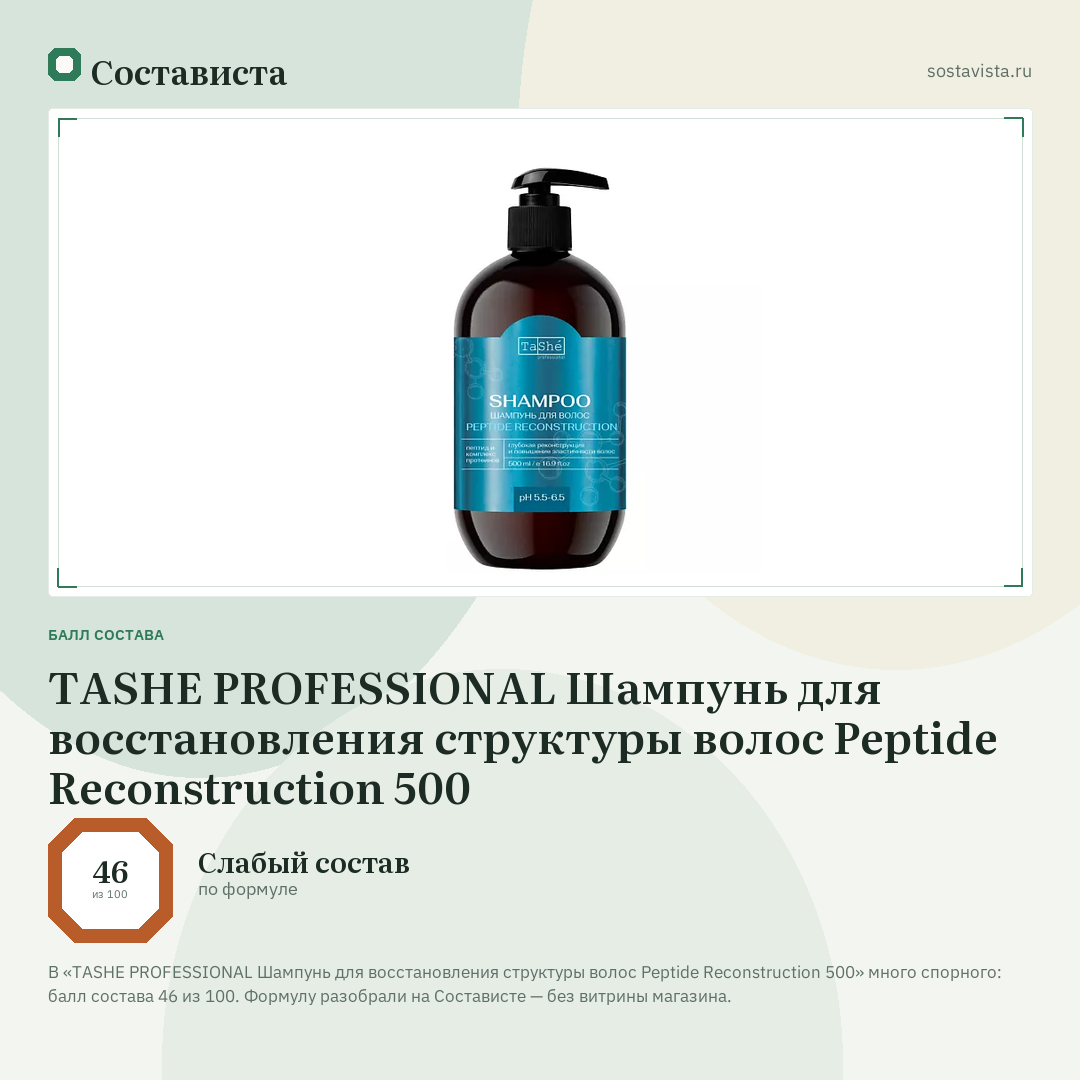 TASHE PROFESSIONAL Шампунь для восстановления структуры волос Peptide Reconstruction 500: балл состава 46 из 100 — Состависта