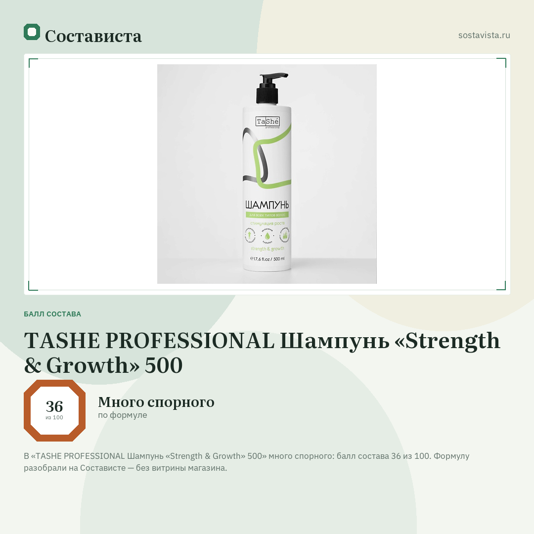 TASHE PROFESSIONAL Шампунь «Strength & Growth» 500: балл состава 36 из 100 — Состависта