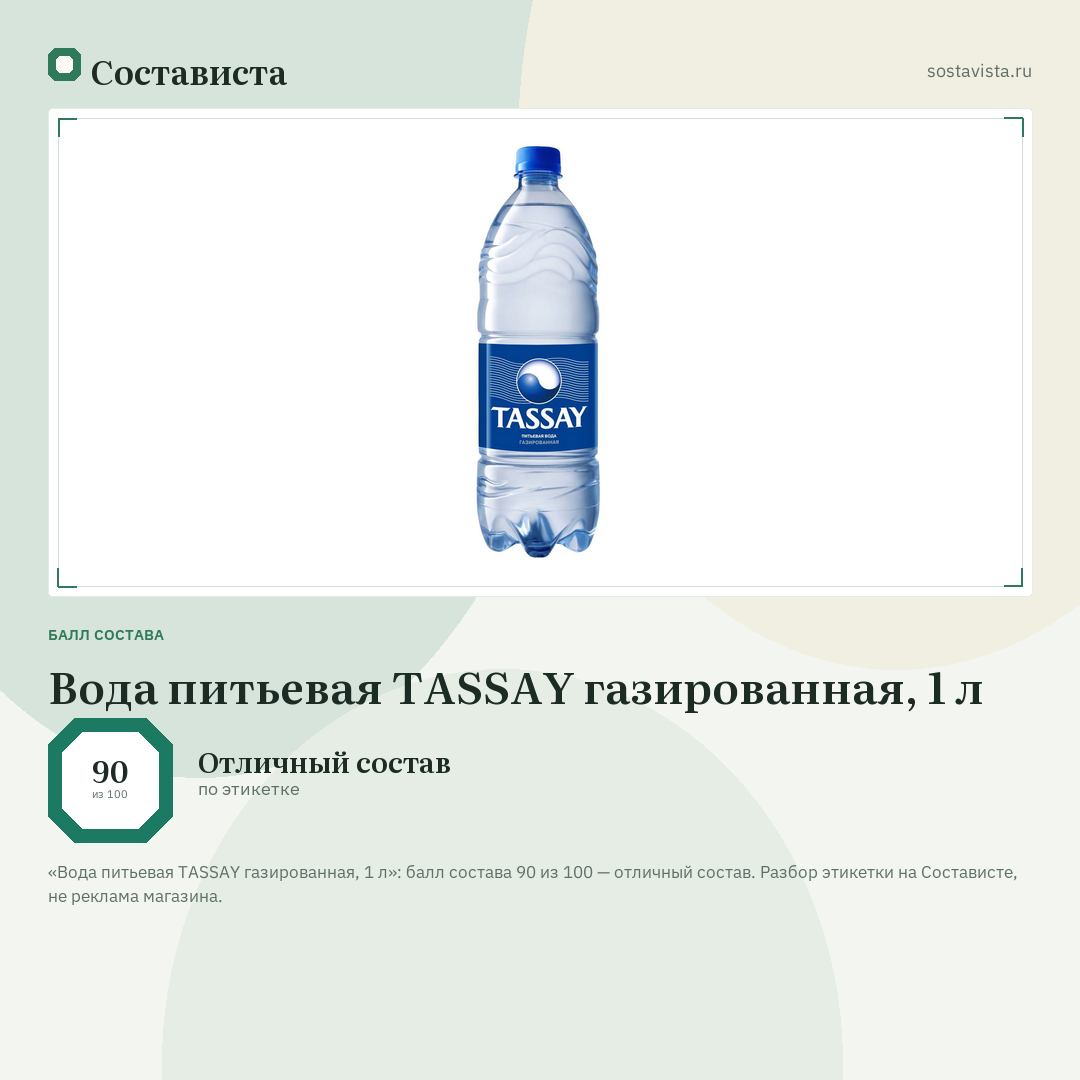 Вода питьевая TASSAY газированная, 1 л: балл состава 90 из 100 — Состависта