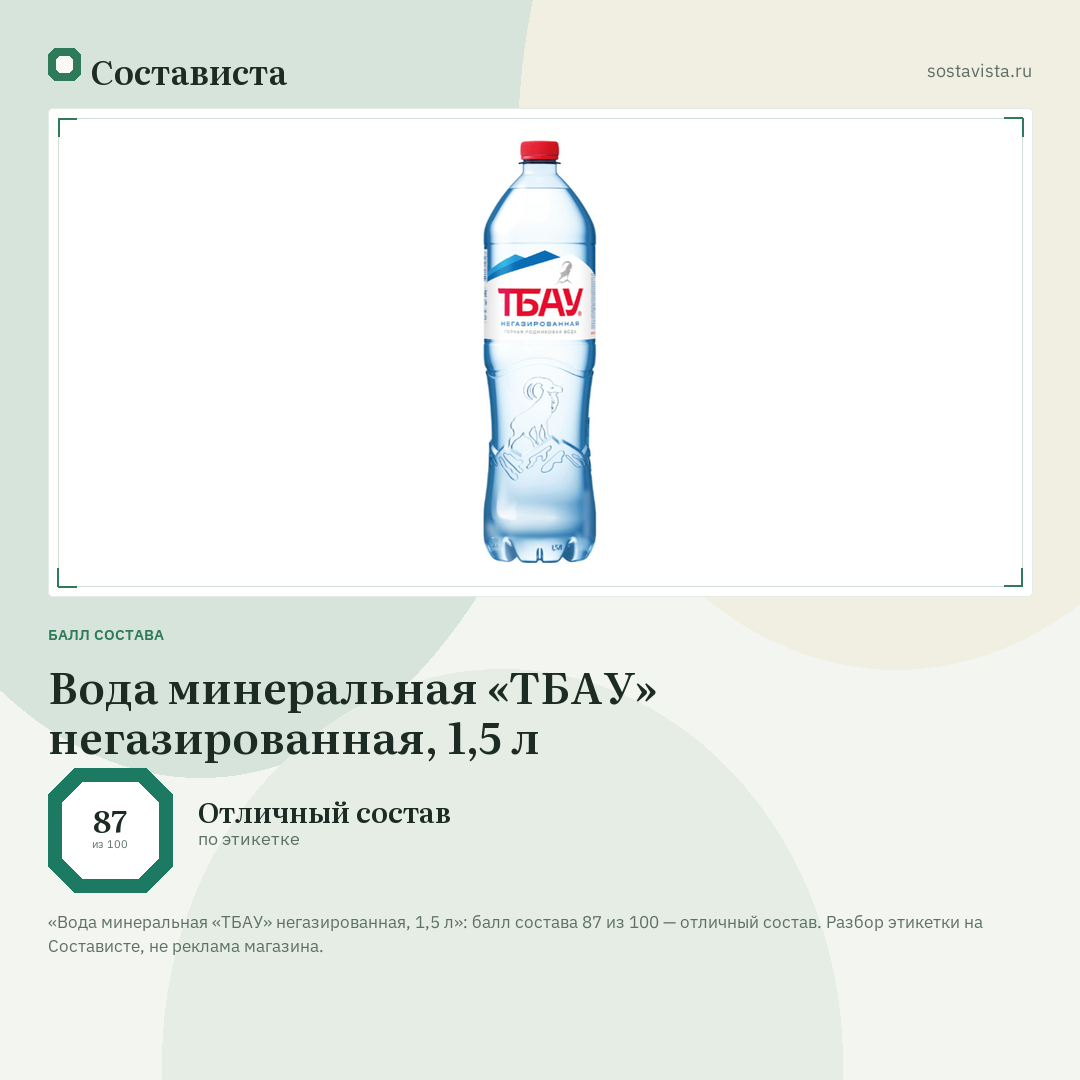 Вода минеральная «ТБАУ» негазированная, 1,5 л: балл состава 87 из 100 — Состависта