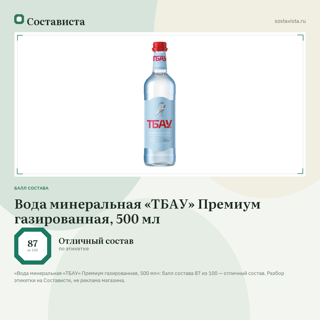 Вода минеральная «ТБАУ» Премиум газированная, 500 мл: балл состава 87 из 100 — Состависта