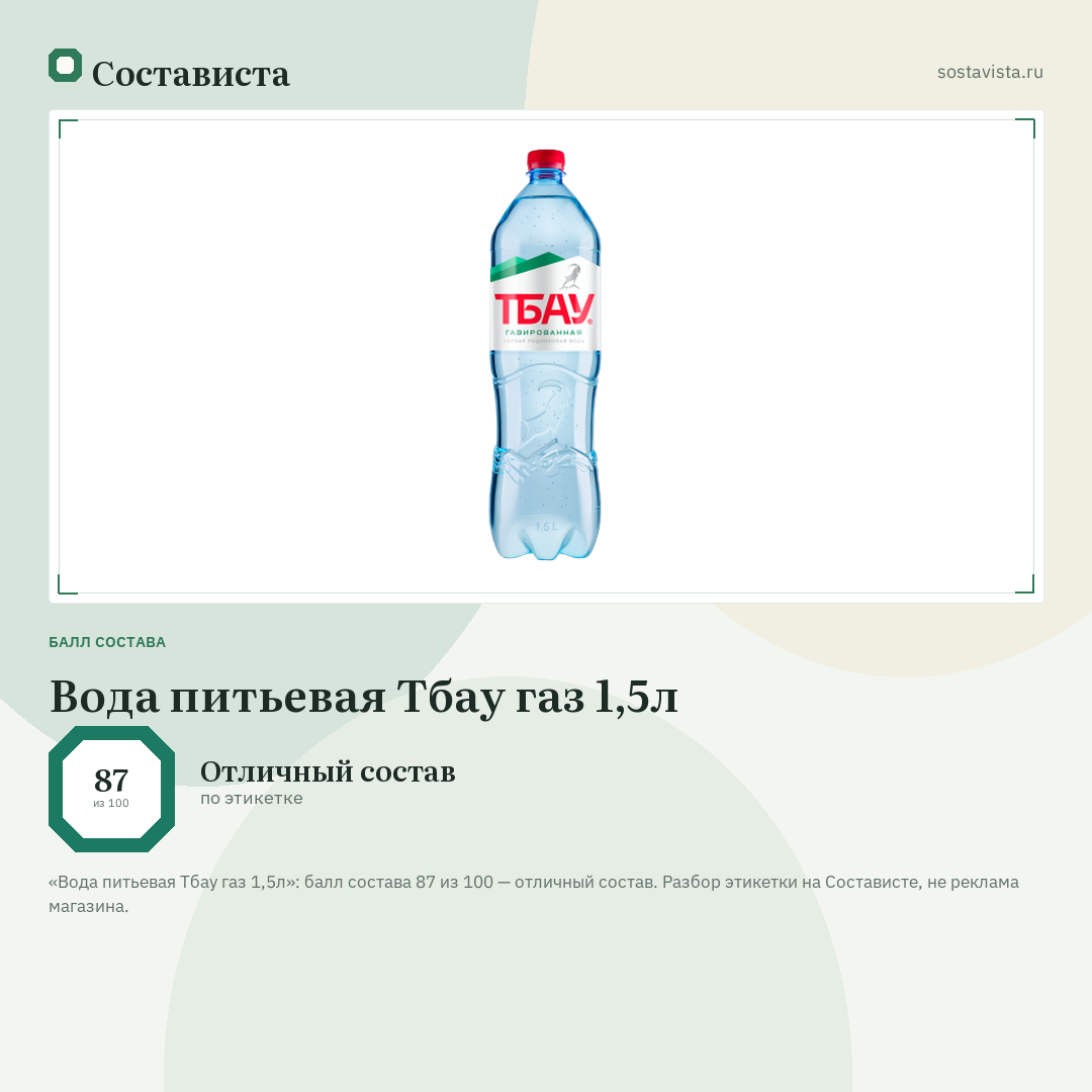 Вода питьевая Тбау газ 1,5л: балл состава 87 из 100 — Состависта