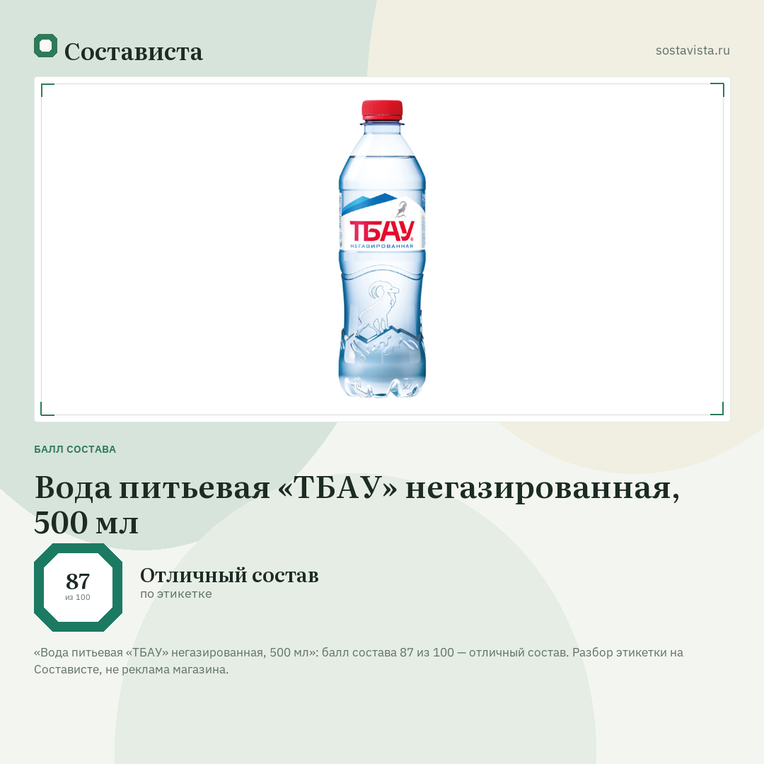 Вода питьевая «ТБАУ» негазированная, 500 мл: балл состава 87 из 100 — Состависта
