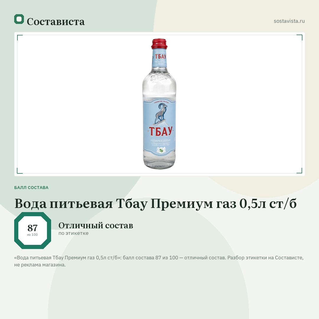 Вода питьевая Тбау Премиум газ 0,5л ст/б: балл состава 87 из 100 — Состависта