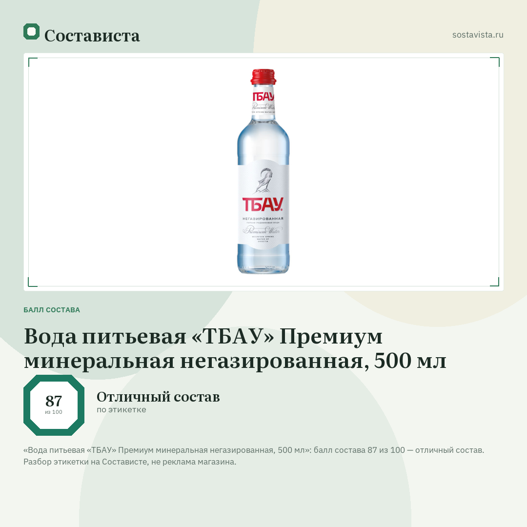 Вода питьевая «ТБАУ» Премиум минеральная негазированная, 500 мл: балл состава 87 из 100 — Состависта