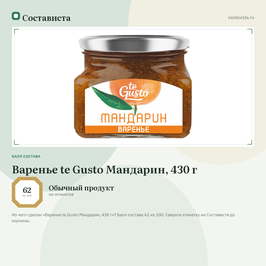 Варенье te Gusto Мандарин, 430 г: балл состава 62 из 100 — Состависта