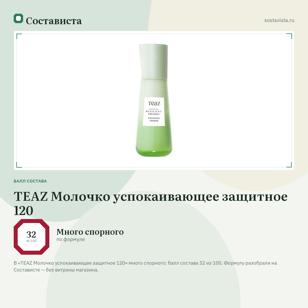 TEAZ Молочко успокаивающее защитное 120: балл состава 32 из 100 — Состависта