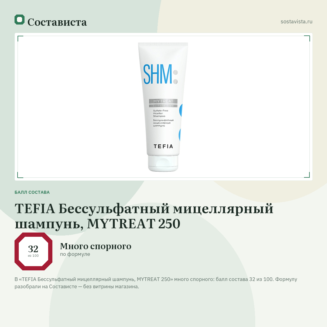 TEFIA Бессульфатный мицеллярный шампунь, MYTREAT 250: балл состава 32 из 100 — Состависта
