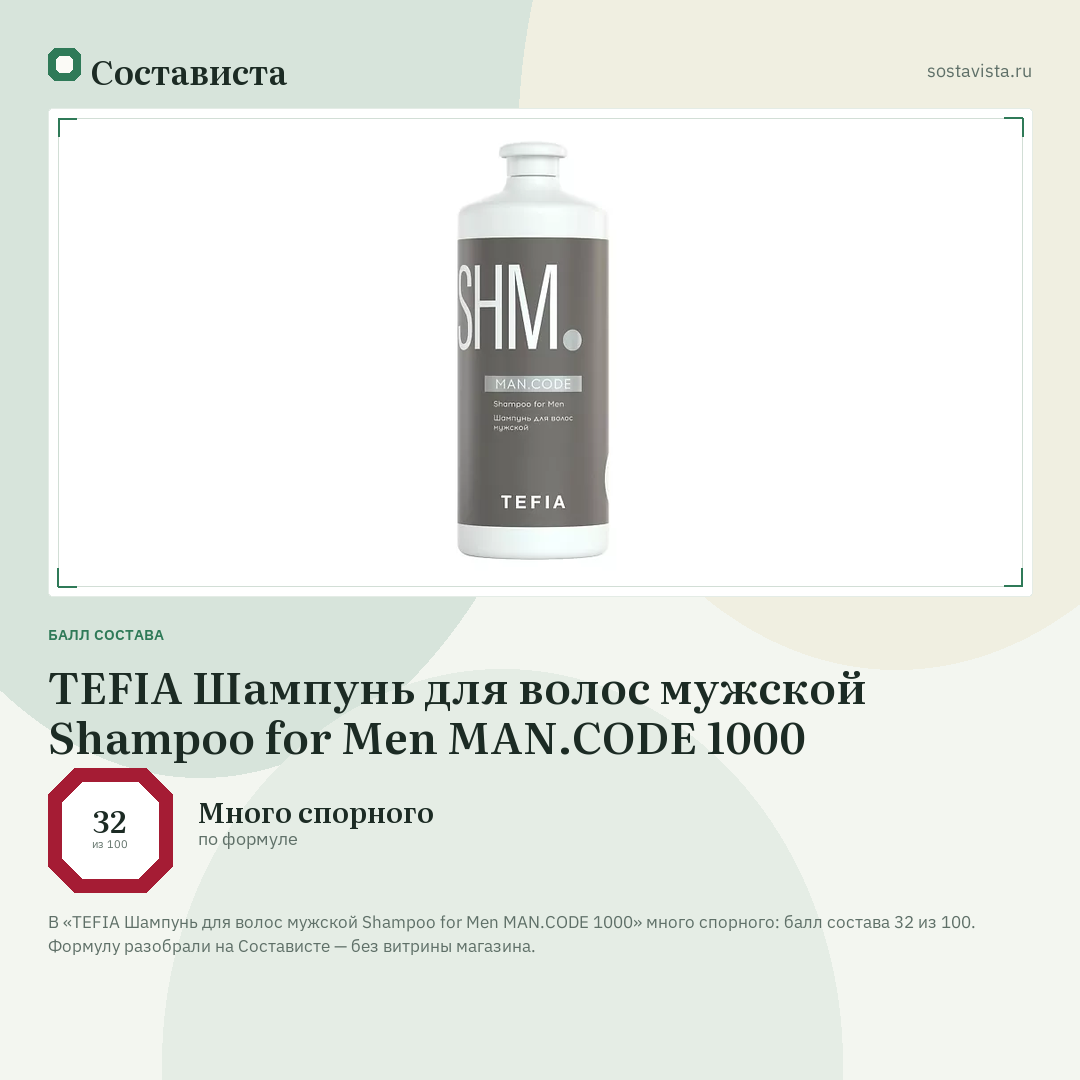 TEFIA Шампунь для волос мужской Shampoo for Men MAN.CODE 1000: балл состава 32 из 100 — Состависта