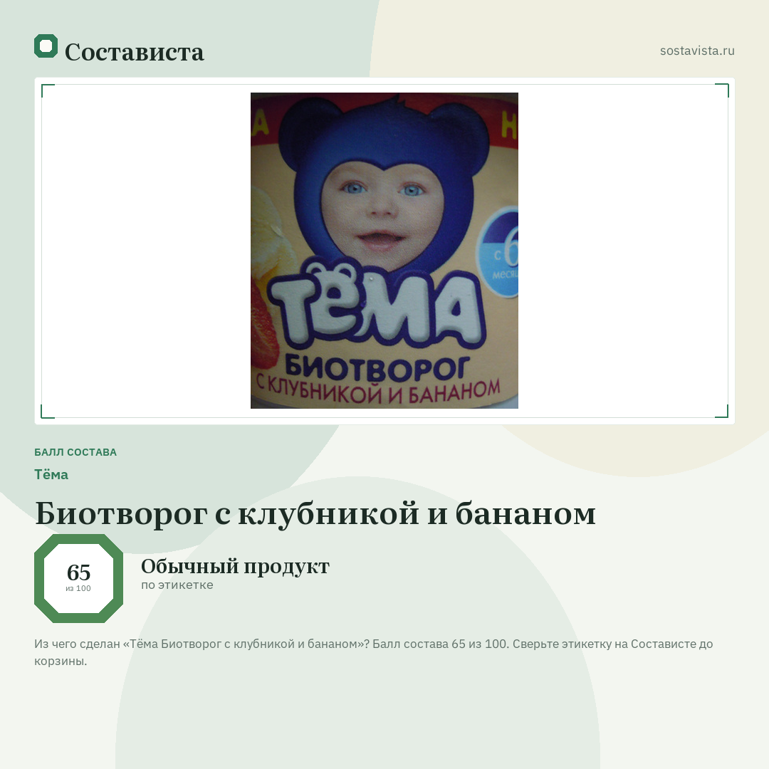 Тёма Биотворог с клубникой и бананом: балл состава 65 из 100 — Состависта