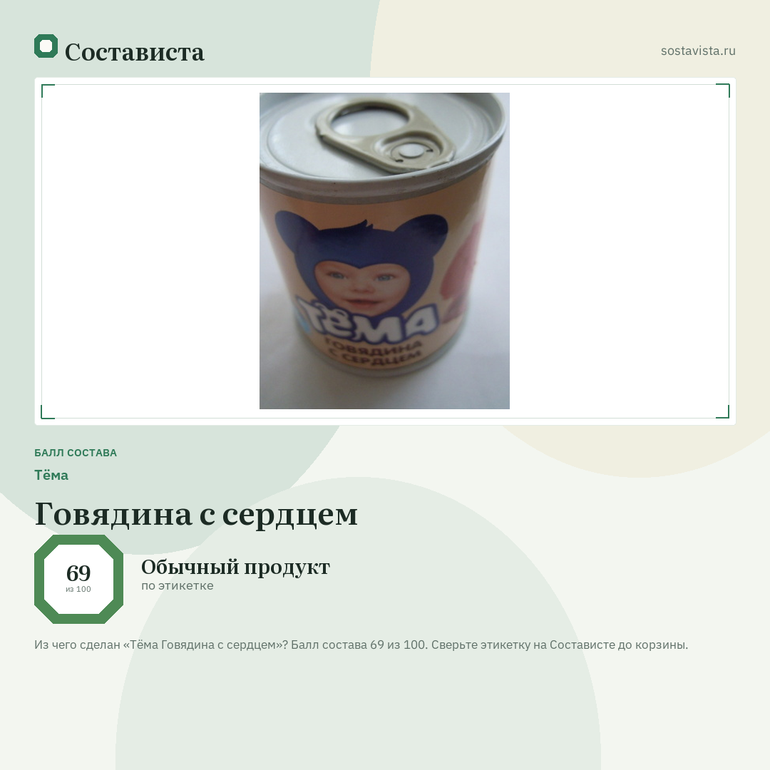 Тёма Говядина с сердцем: балл состава 69 из 100 — Состависта