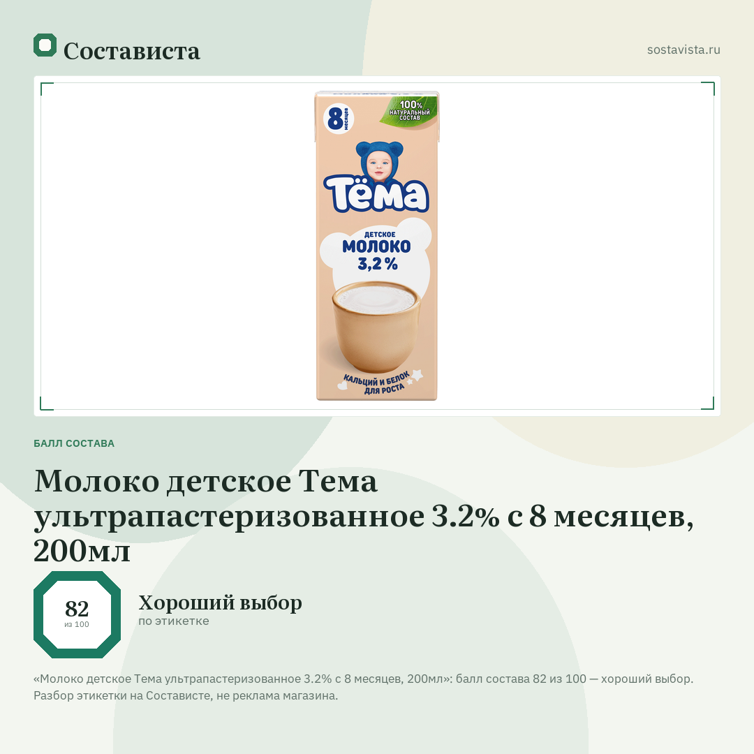 Молоко детское Тема ультрапастеризованное 3.2% с 8 месяцев, 200мл: балл состава 82 из 100 — Состависта