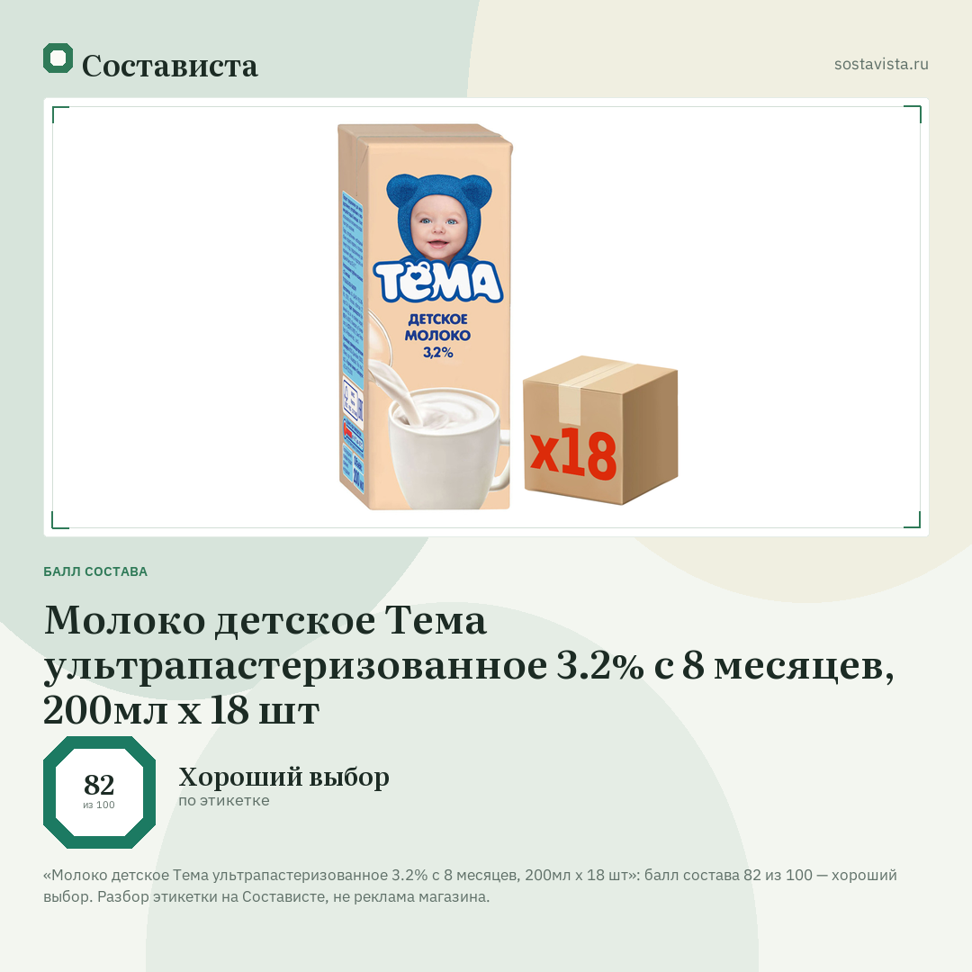 Молоко детское Тема ультрапастеризованное 3.2% с 8 месяцев, 200мл x 18 шт: балл состава 82 из 100 — Состависта