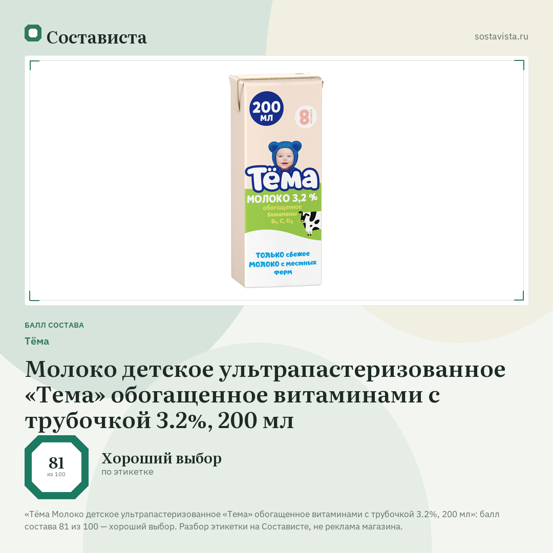 Тёма Молоко детское ультрапастеризованное «Тема» обогащенное витаминами с трубочкой 3.2%, 200 мл: балл состава 81 из 100 — Состависта