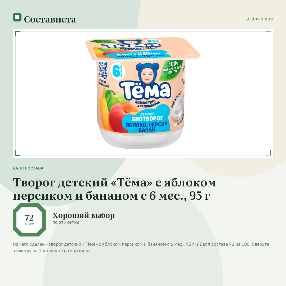 Творог детский «Тёма» с яблоком персиком и бананом с 6 мес., 95 г: балл состава 72 из 100 — Состависта