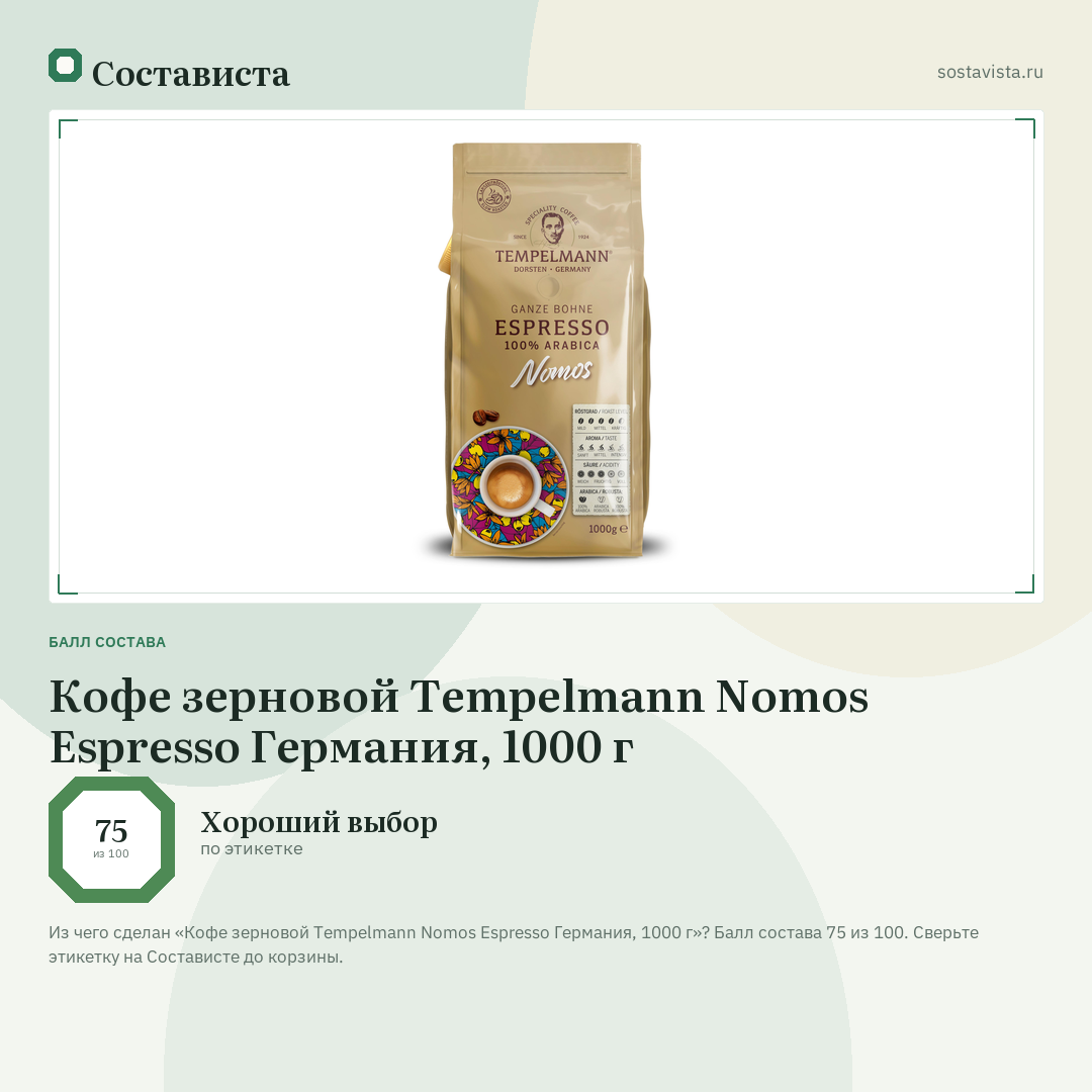 Кофе зерновой Tempelmann Nomos Espresso Германия, 1000 г: балл состава 75 из 100 — Состависта