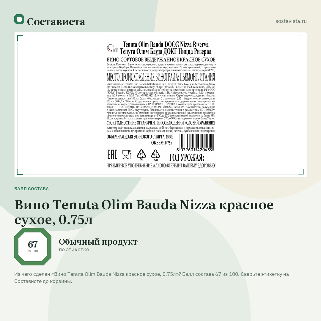 Вино Tenuta Olim Bauda Nizza красное сухое, 0.75л: балл состава 67 из 100 — Состависта