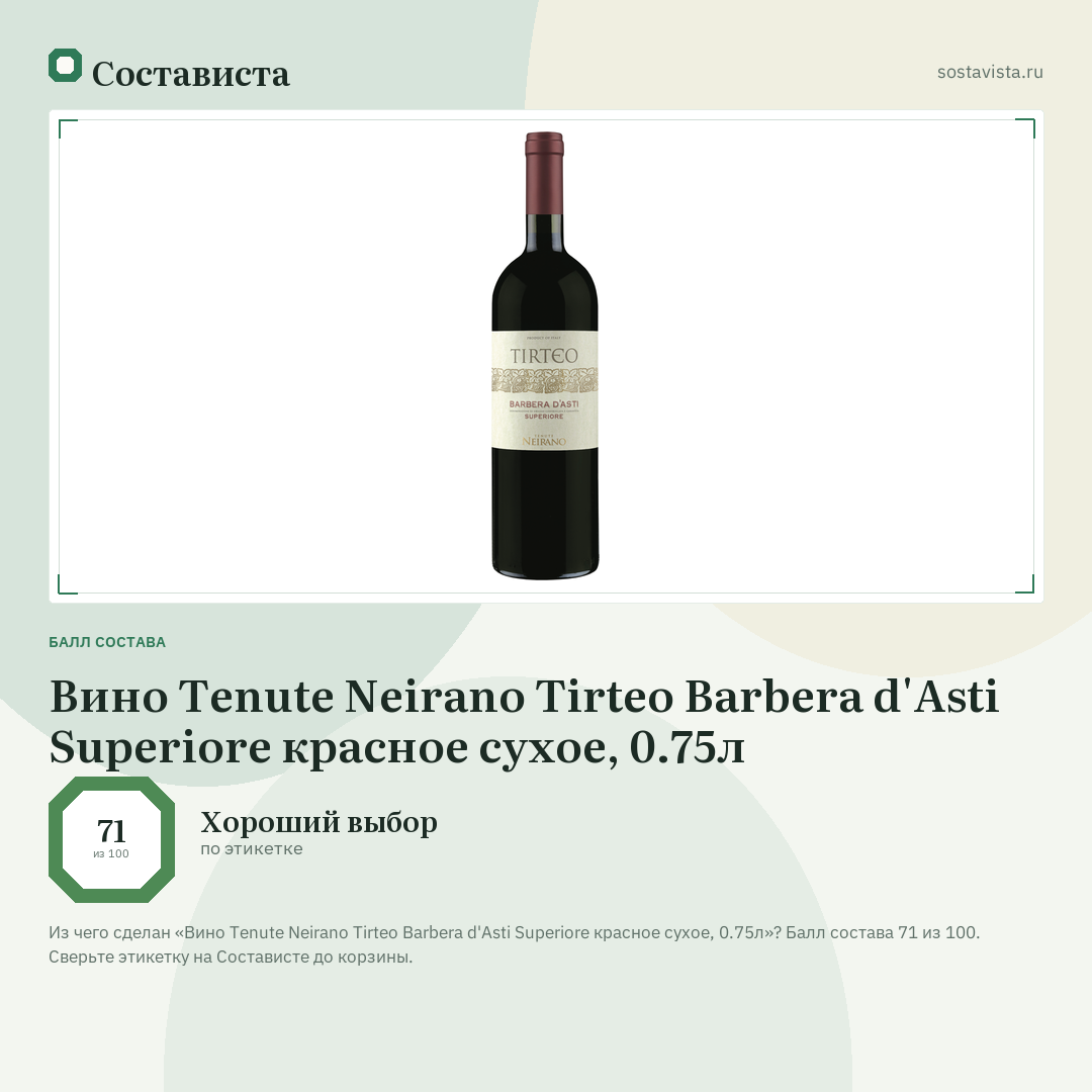 Вино Tenute Neirano Tirteo Barbera d'Asti Superiore красное сухое, 0.75л: балл состава 71 из 100 — Состависта
