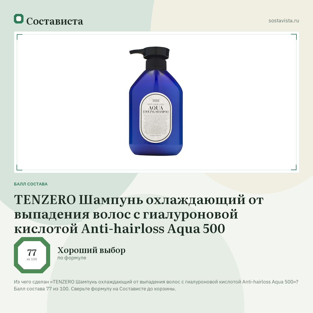 TENZERO Шампунь охлаждающий от выпадения волос с гиалуроновой кислотой Anti-hairloss Aqua 500: балл состава 77 из 100 — Состависта