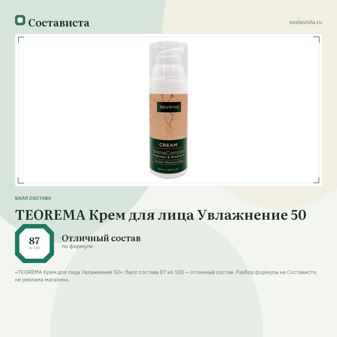 TEOREMA Крем для лица Увлажнение 50: балл состава 87 из 100 — Состависта