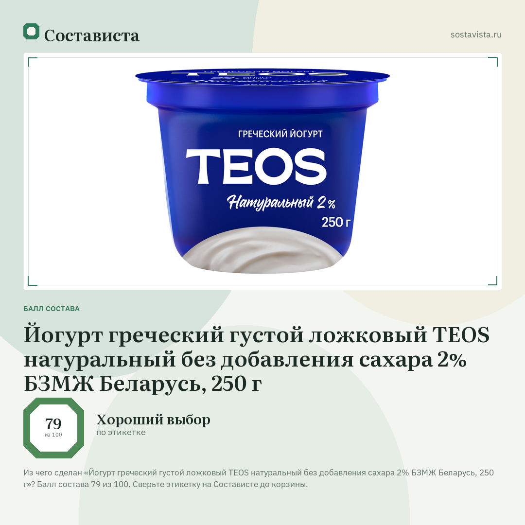 Йогурт греческий густой ложковый TEOS натуральный без добавления сахара 2% БЗМЖ Беларусь, 250 г: балл состава 79 из 100 — Состависта