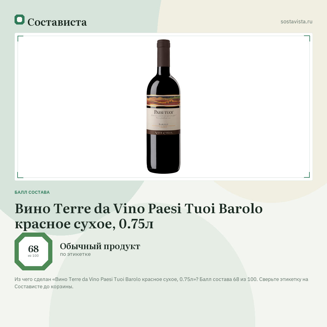 Вино Terre da Vino Paesi Tuoi Barolo красное сухое, 0.75л: балл состава 68 из 100 — Состависта