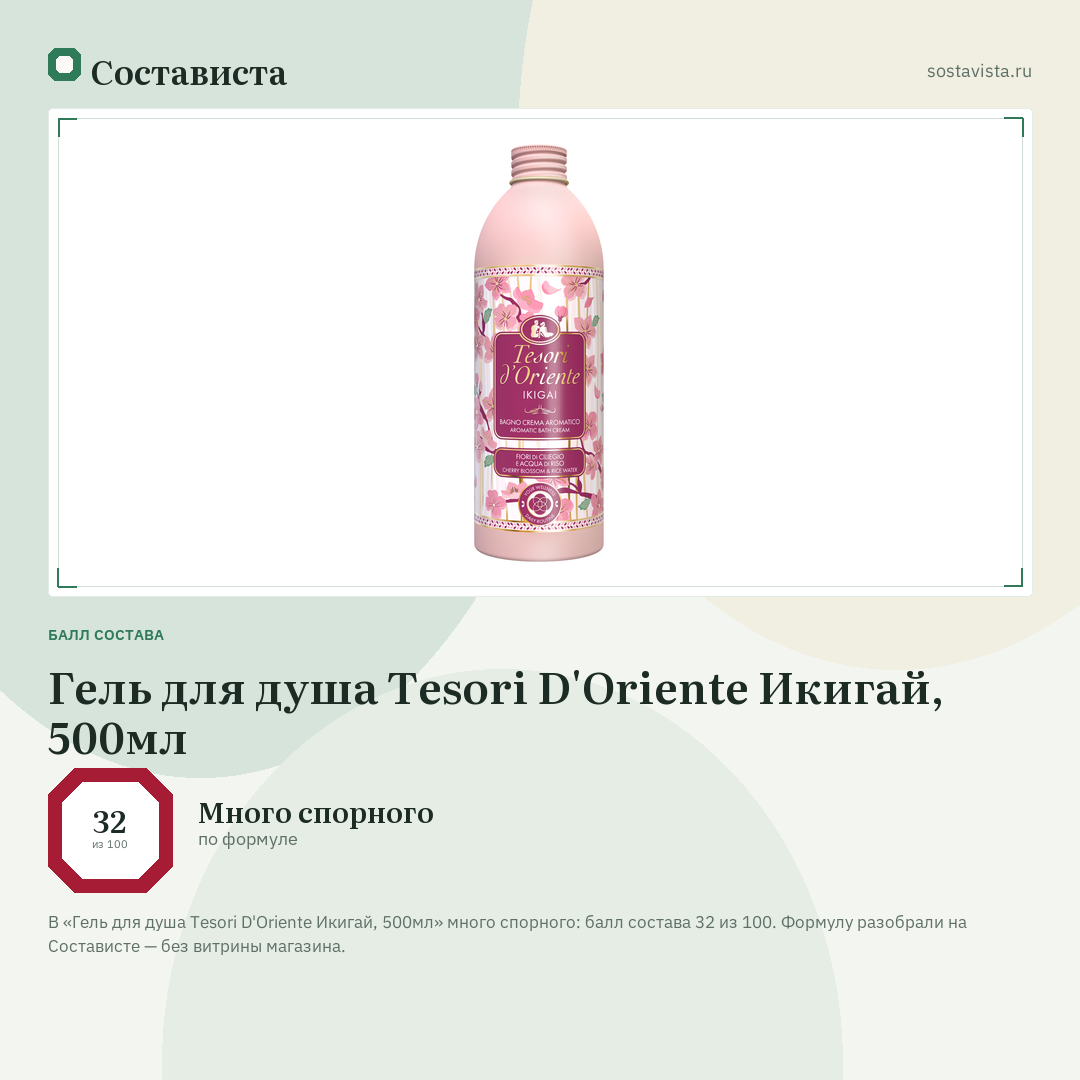 Гель для душа Tesori D'Oriente Икигай, 500мл: балл состава 32 из 100 — Состависта