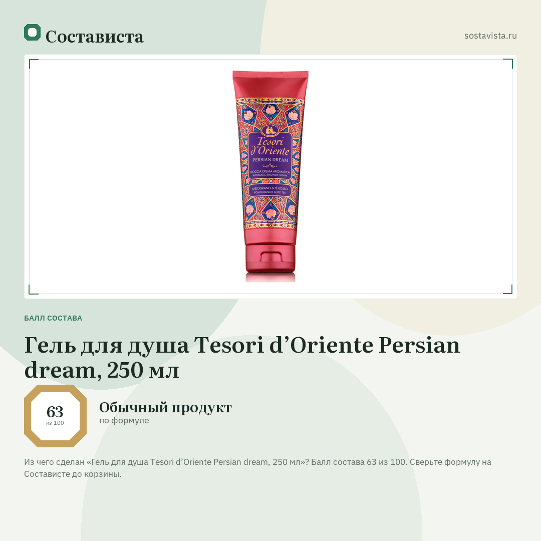 Гель для душа Tesori d’Oriente Persian dream, 250 мл: балл состава 63 из 100 — Состависта