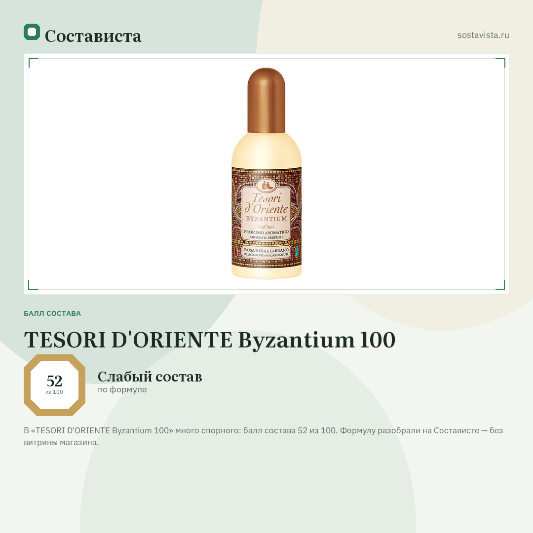 TESORI D'ORIENTE Byzantium 100: балл состава 52 из 100 — Состависта