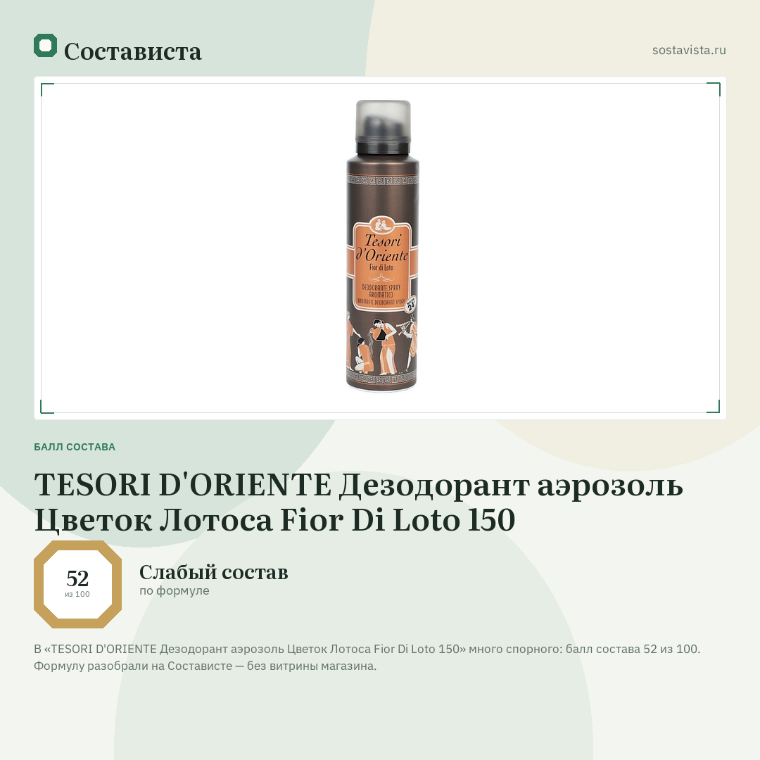 TESORI D'ORIENTE Дезодорант аэрозоль Цветок Лотоса Fior Di Loto 150: балл состава 52 из 100 — Состависта