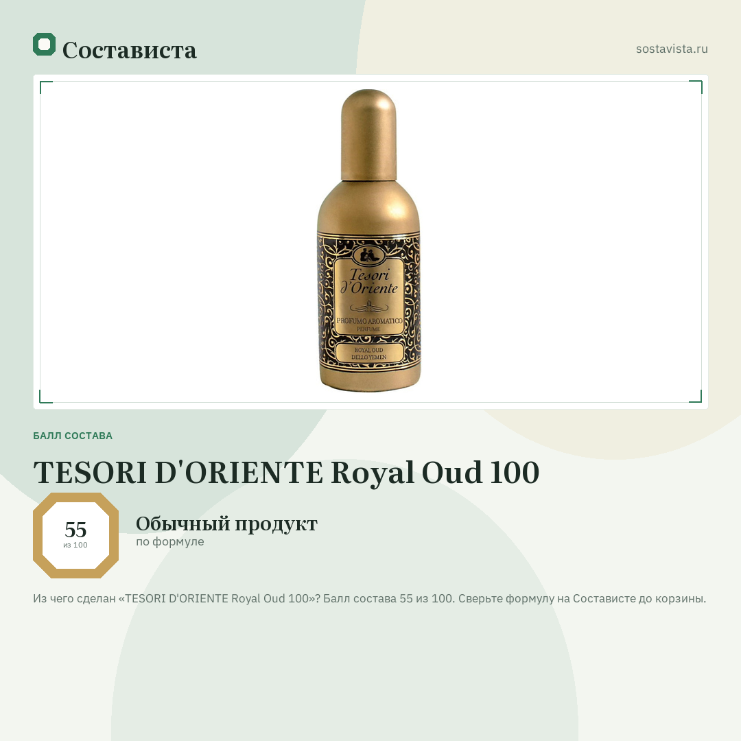 TESORI D'ORIENTE Royal Oud 100: балл состава 55 из 100 — Состависта
