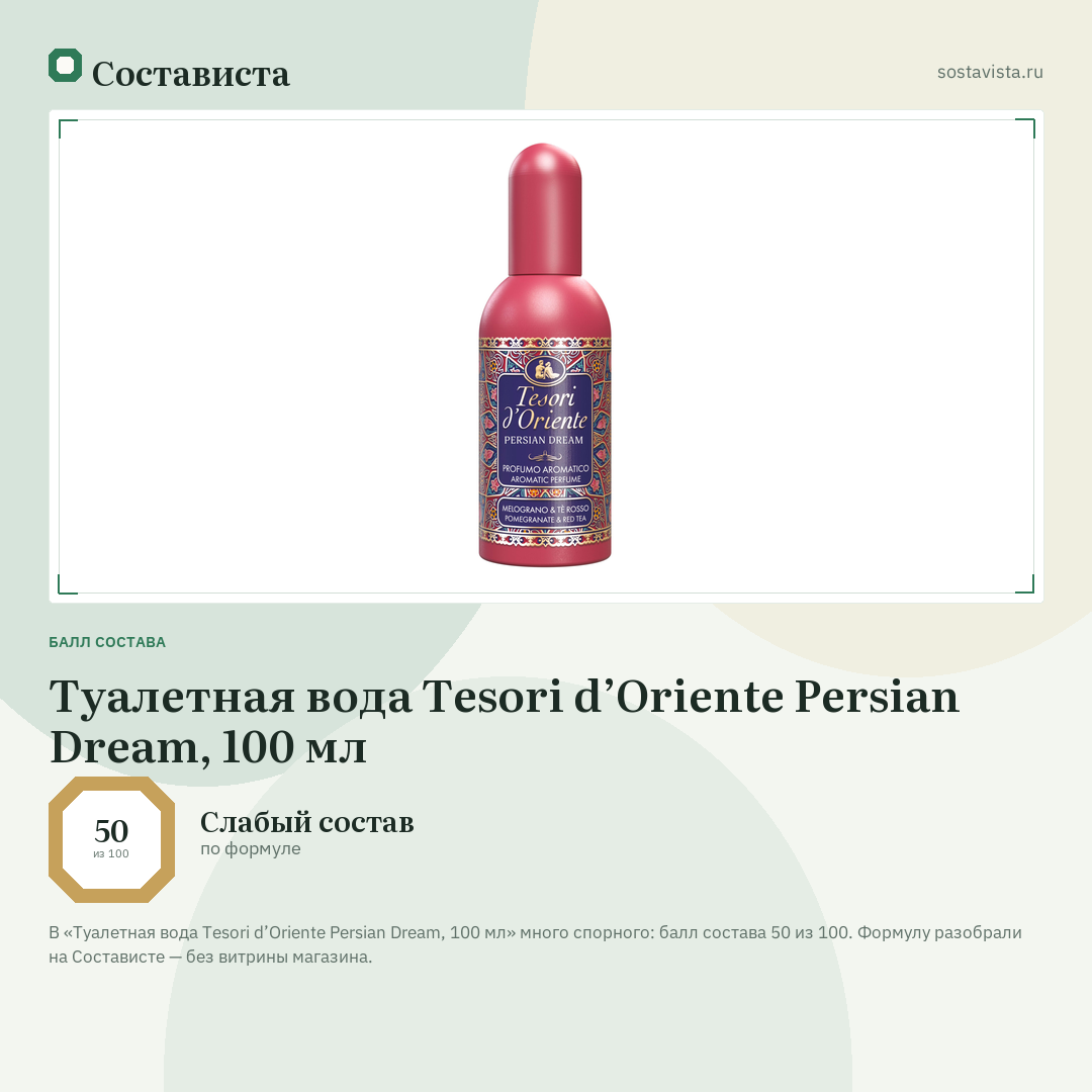 Туалетная вода Tesori d’Oriente Persian Dream, 100 мл: балл состава 50 из 100 — Состависта