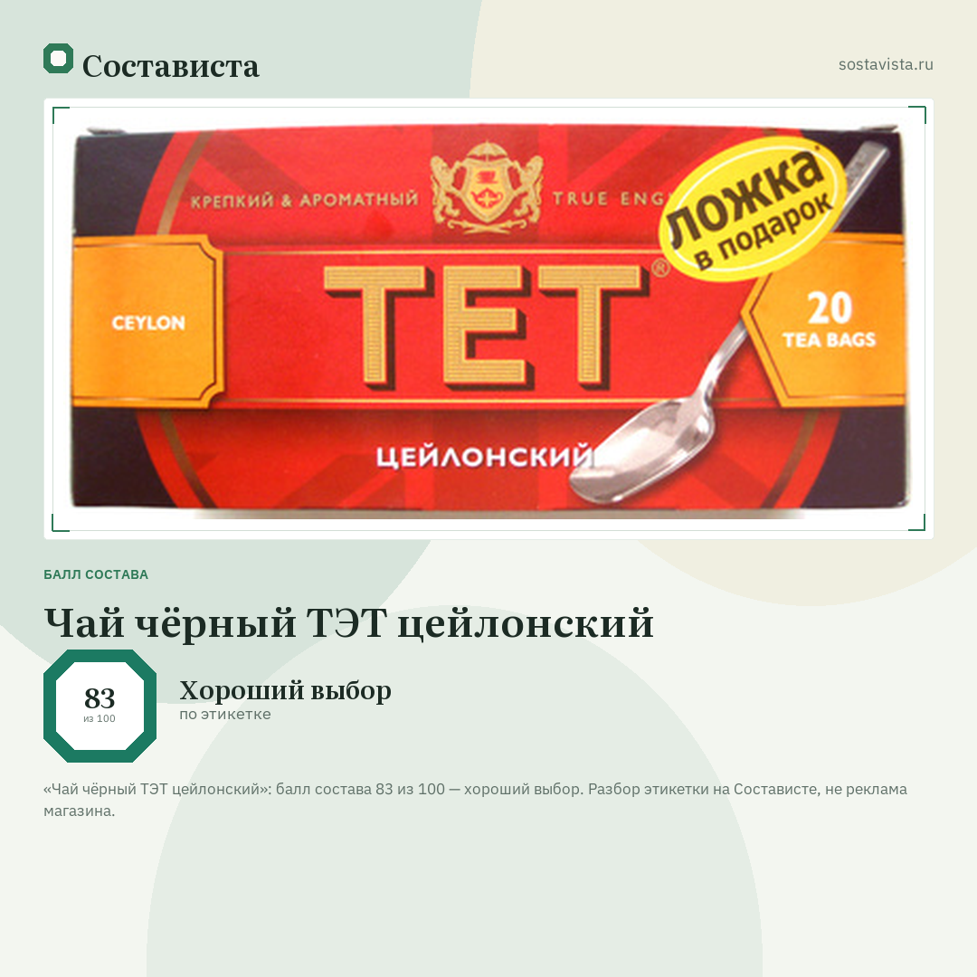 Чай чёрный ТЭТ цейлонский: балл состава 83 из 100 — Состависта
