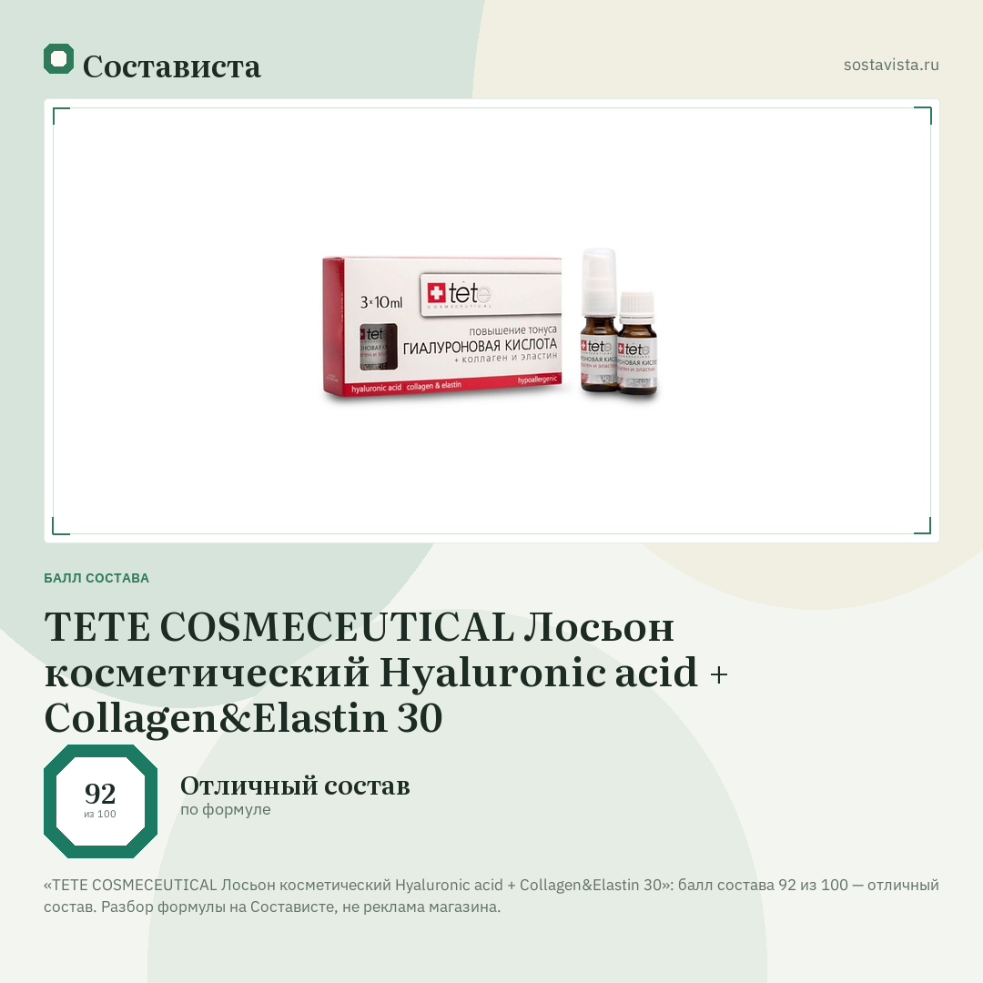 TETE COSMECEUTICAL Лосьон косметический Hyaluronic acid + Collagen&Elastin 30: балл состава 92 из 100 — Состависта
