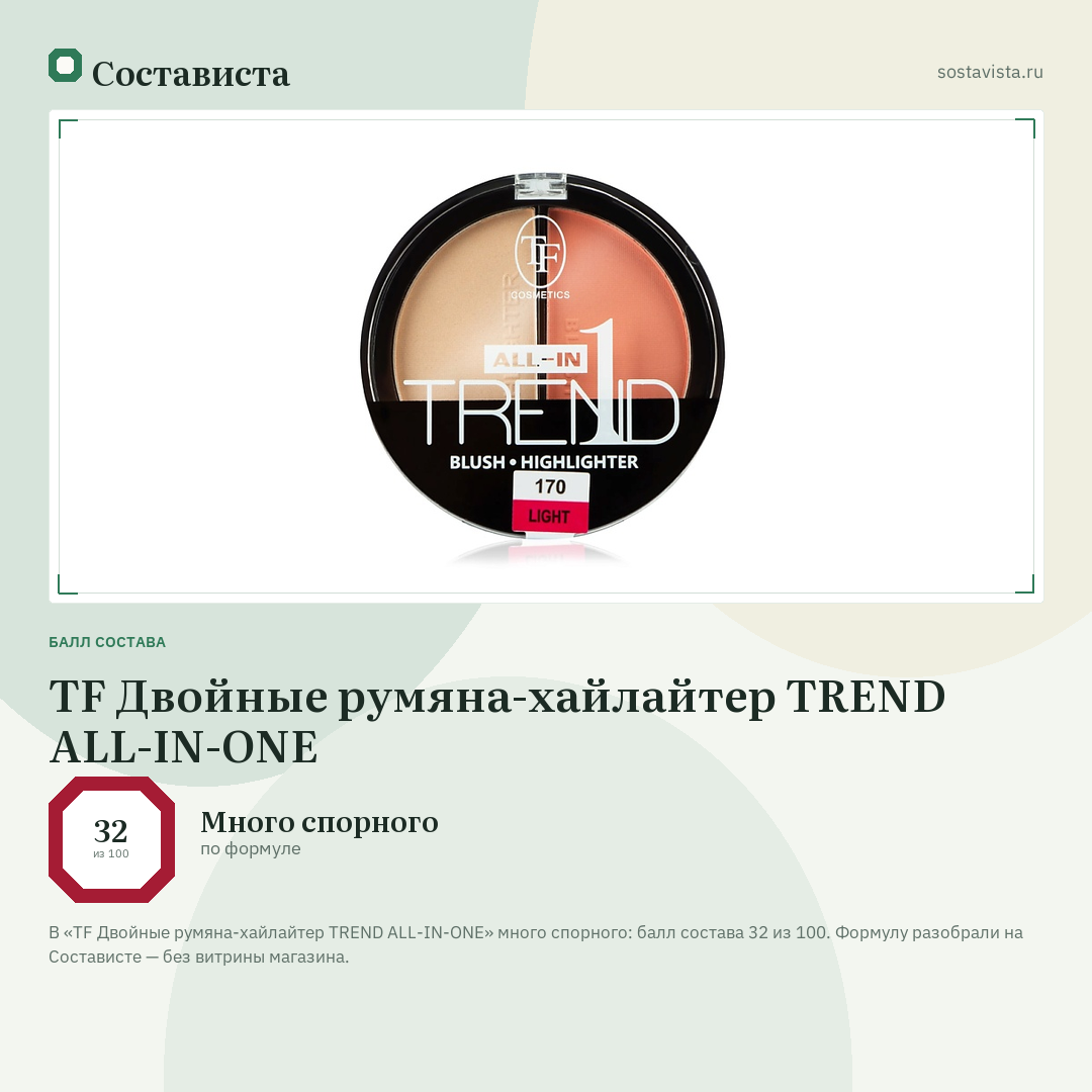 TF Двойные румяна-хайлайтер TREND ALL-IN-ONE: балл состава 32 из 100 — Состависта