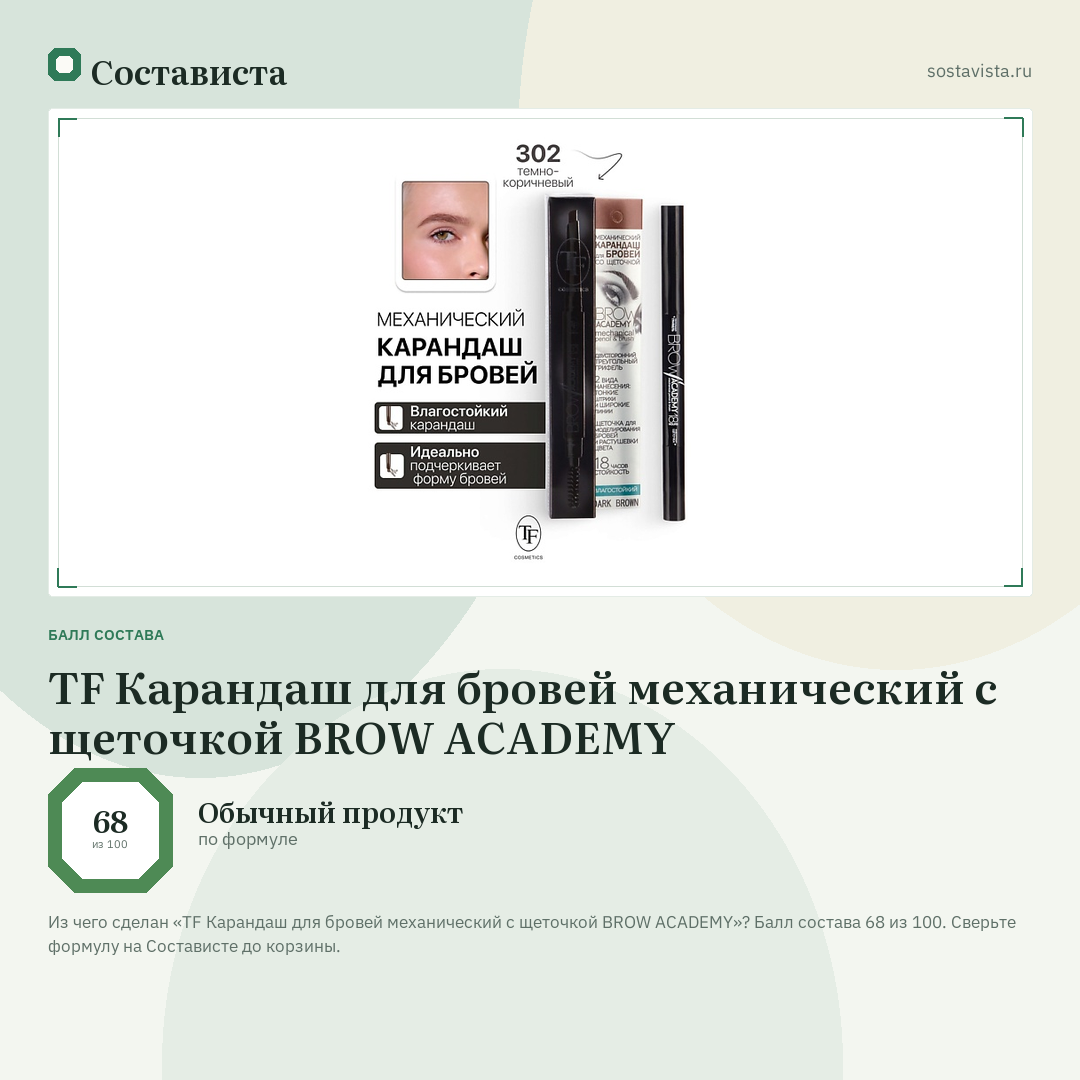TF Карандаш для бровей механический с щеточкой BROW ACADEMY: балл состава 68 из 100 — Состависта
