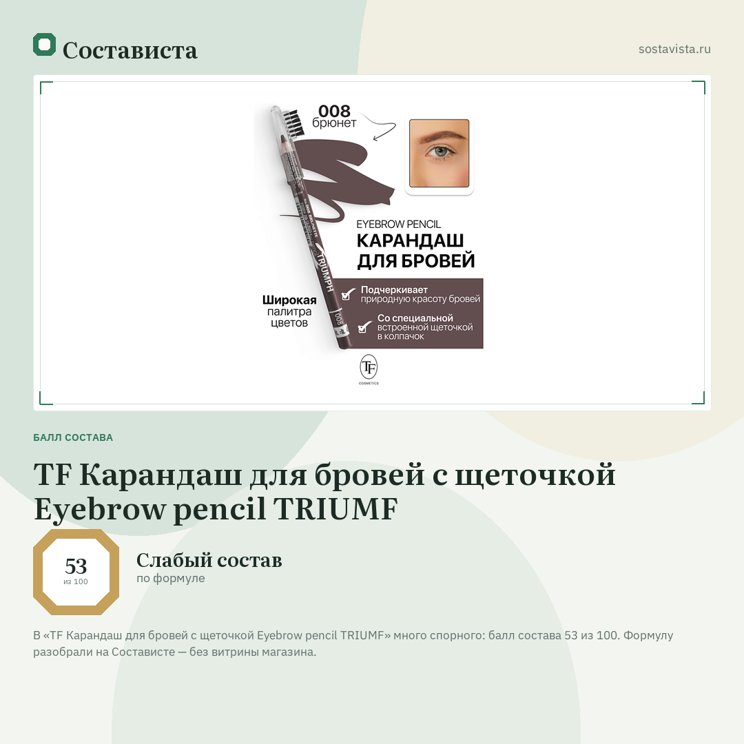 TF Карандаш для бровей с щеточкой Eyebrow pencil TRIUMF: балл состава 53 из 100 — Состависта