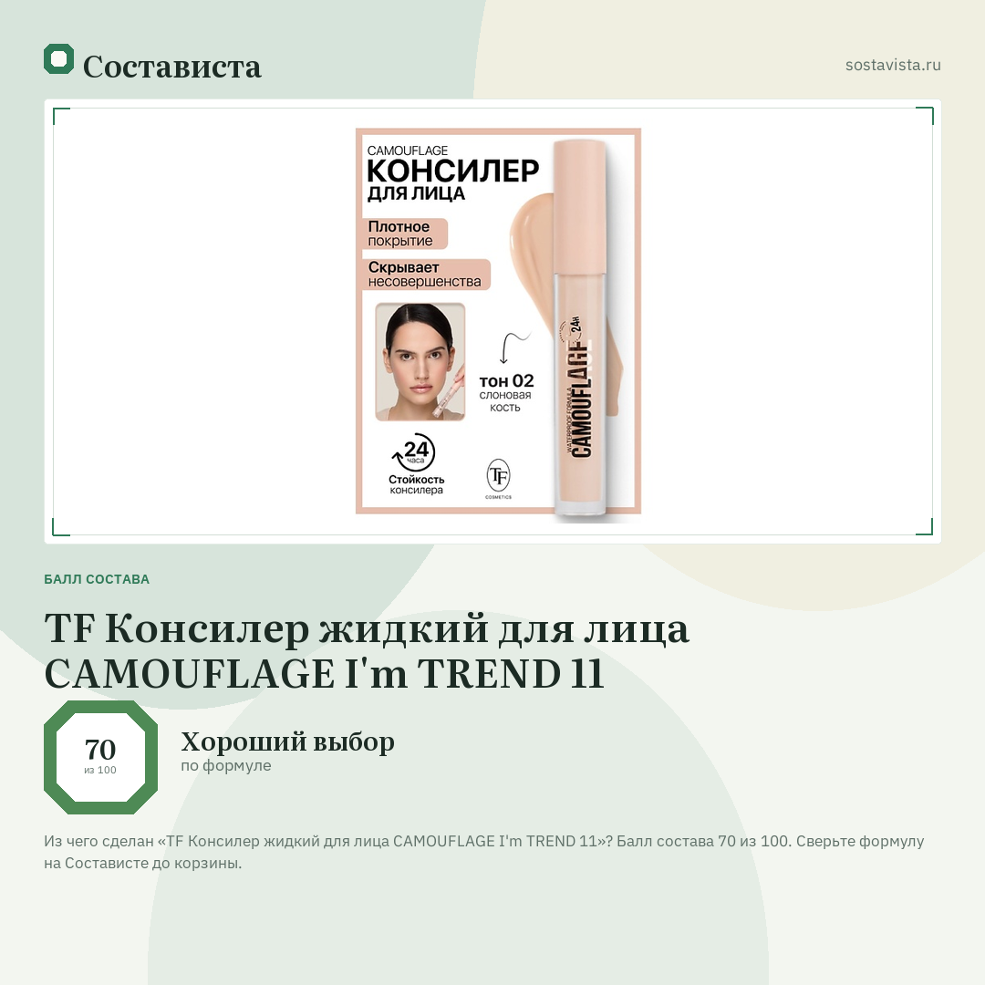 TF Консилер жидкий для лица CAMOUFLAGE I'm TREND 11: балл состава 70 из 100 — Состависта