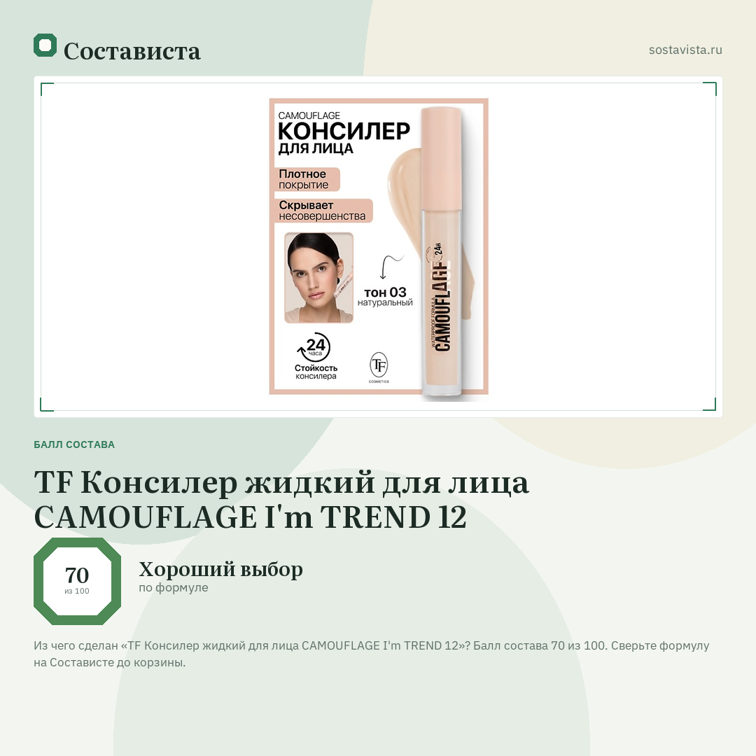 TF Консилер жидкий для лица CAMOUFLAGE I'm TREND 12: балл состава 70 из 100 — Состависта