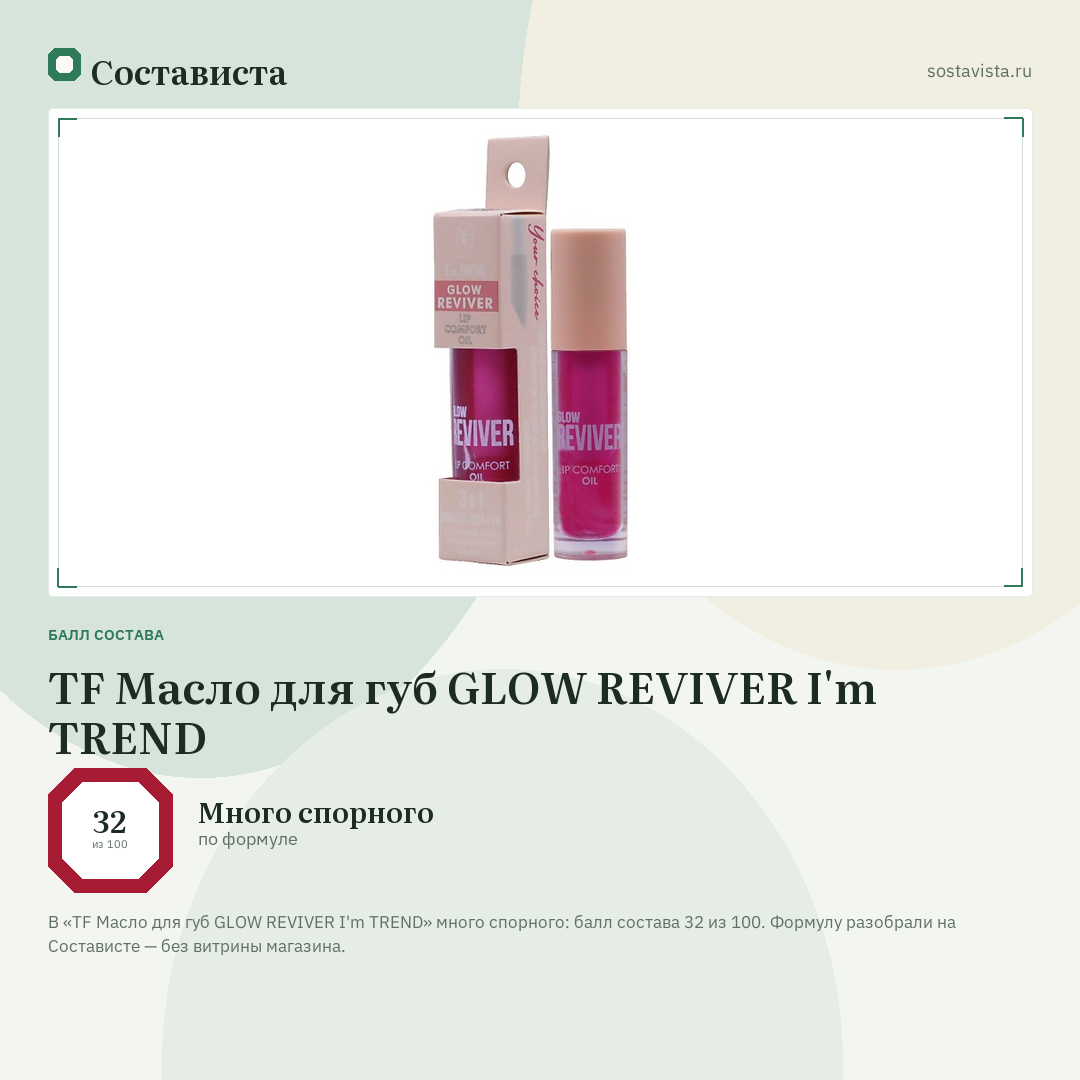 TF Масло для губ GLOW REVIVER I'm TREND: балл состава 32 из 100 — Состависта