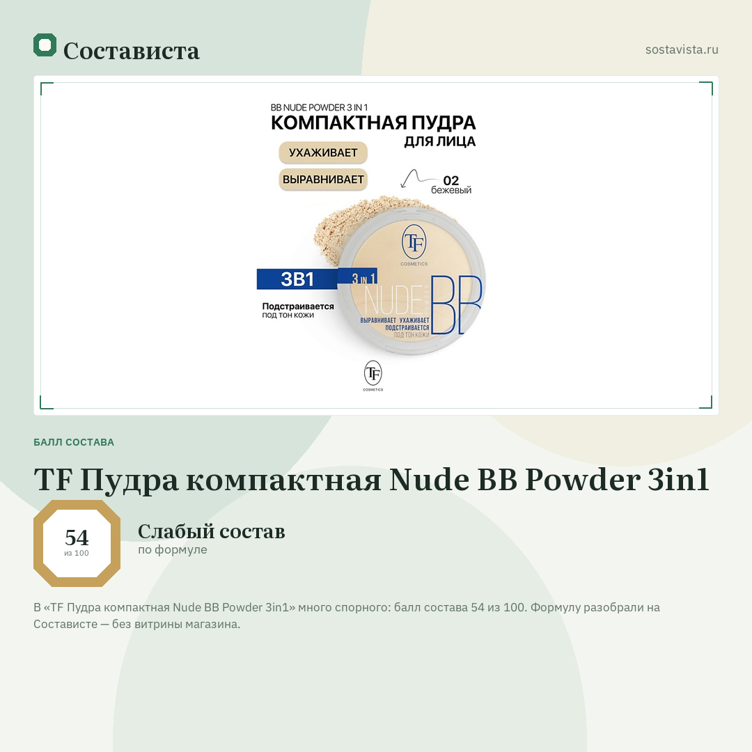TF Пудра компактная Nude BB Powder 3in1: балл состава 54 из 100 — Состависта