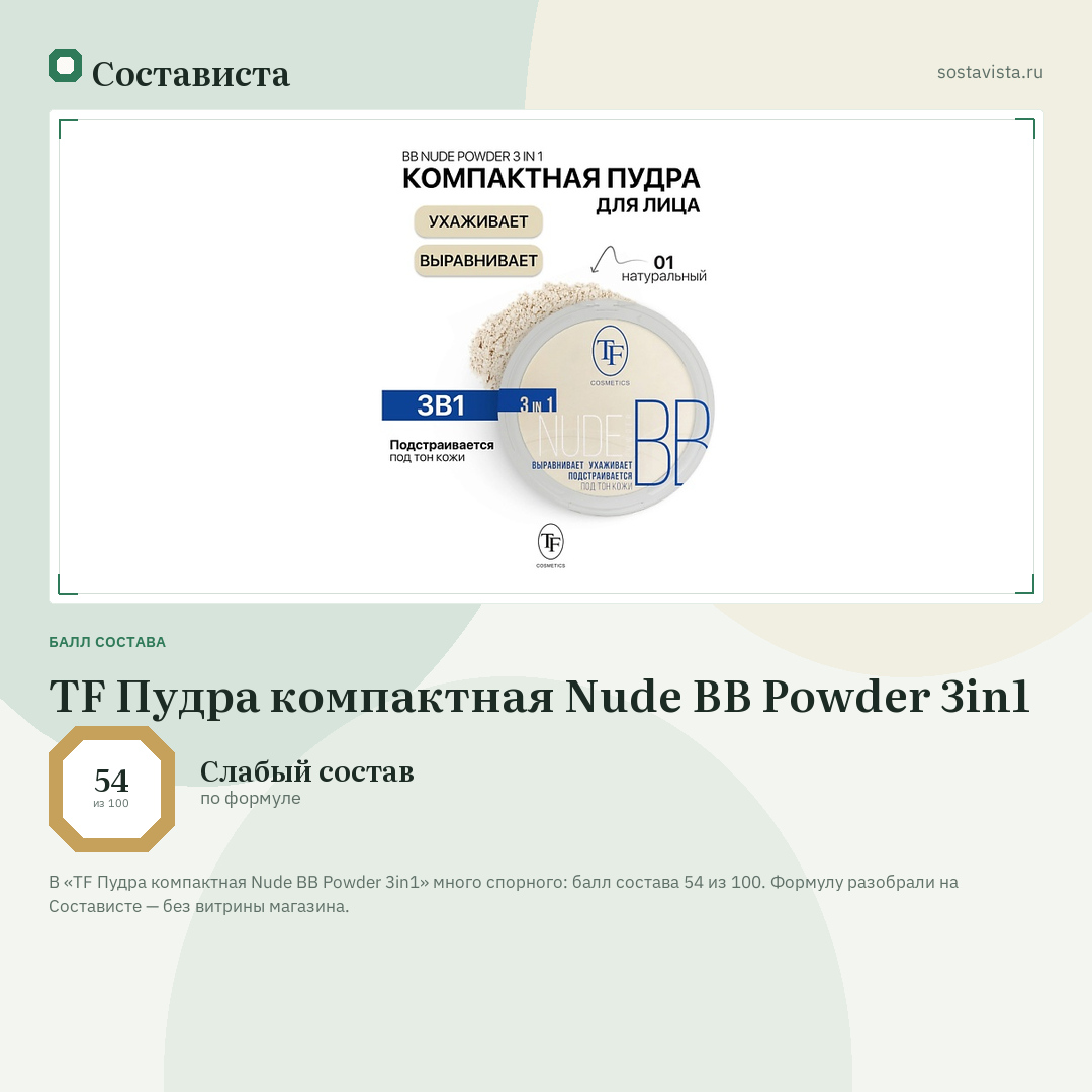 TF Пудра компактная Nude BB Powder 3in1: балл состава 54 из 100 — Состависта