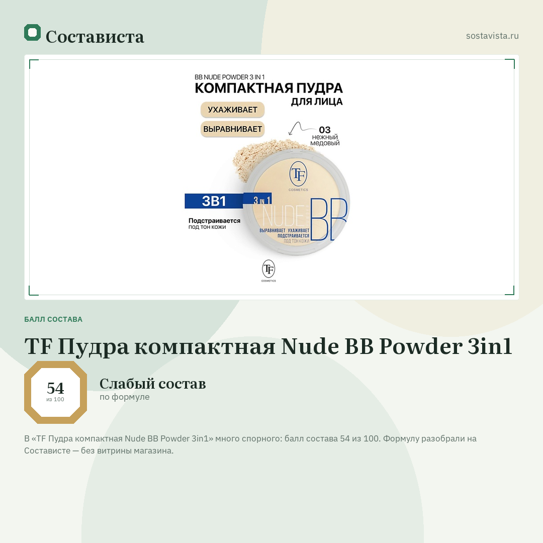 TF Пудра компактная Nude BB Powder 3in1: балл состава 54 из 100 — Состависта