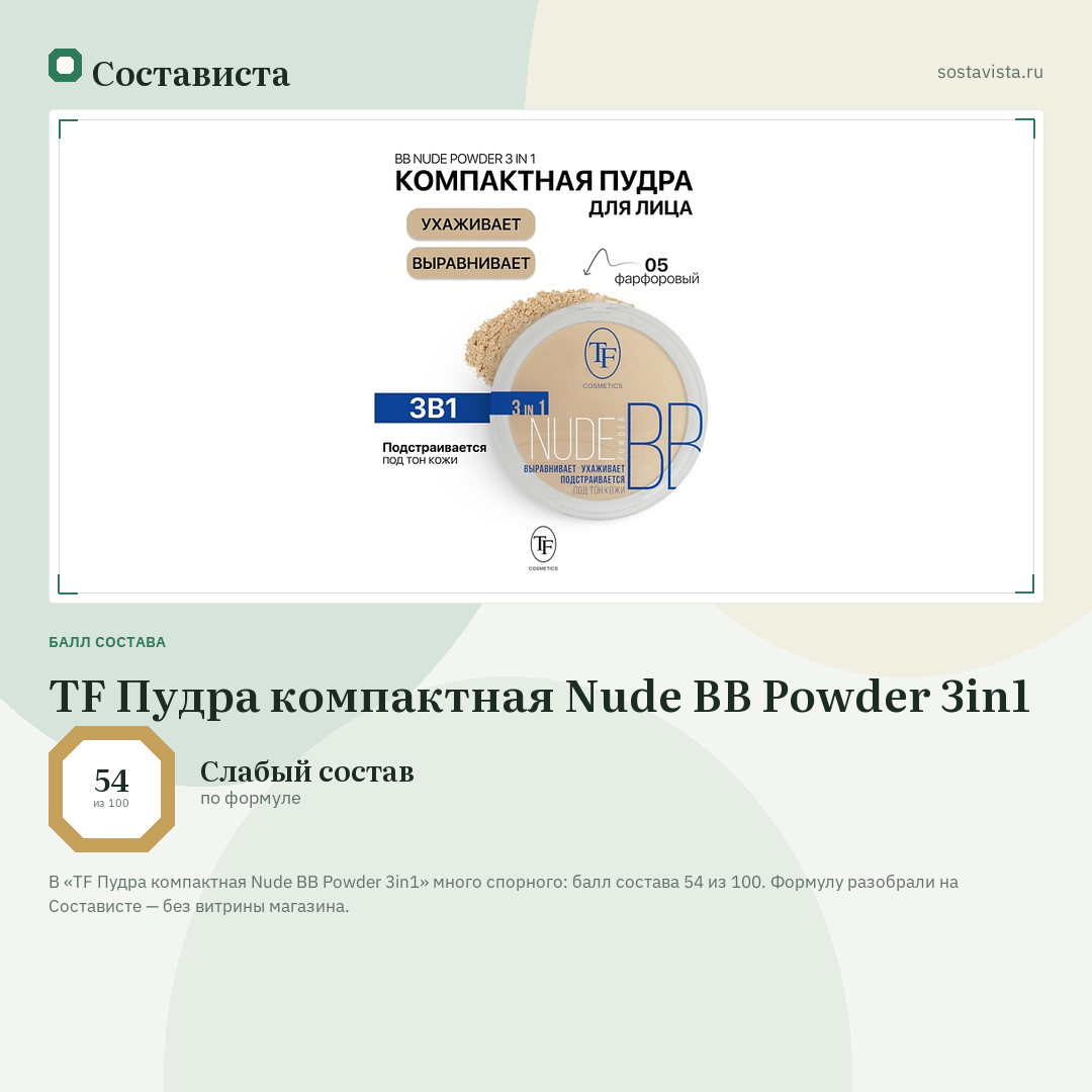 TF Пудра компактная Nude BB Powder 3in1: балл состава 54 из 100 — Состависта