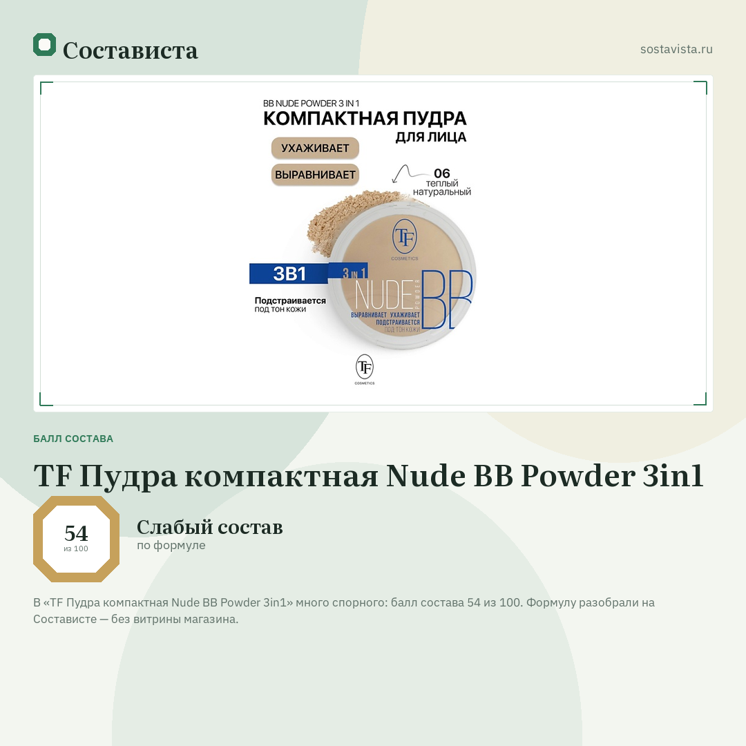 TF Пудра компактная Nude BB Powder 3in1: балл состава 54 из 100 — Состависта
