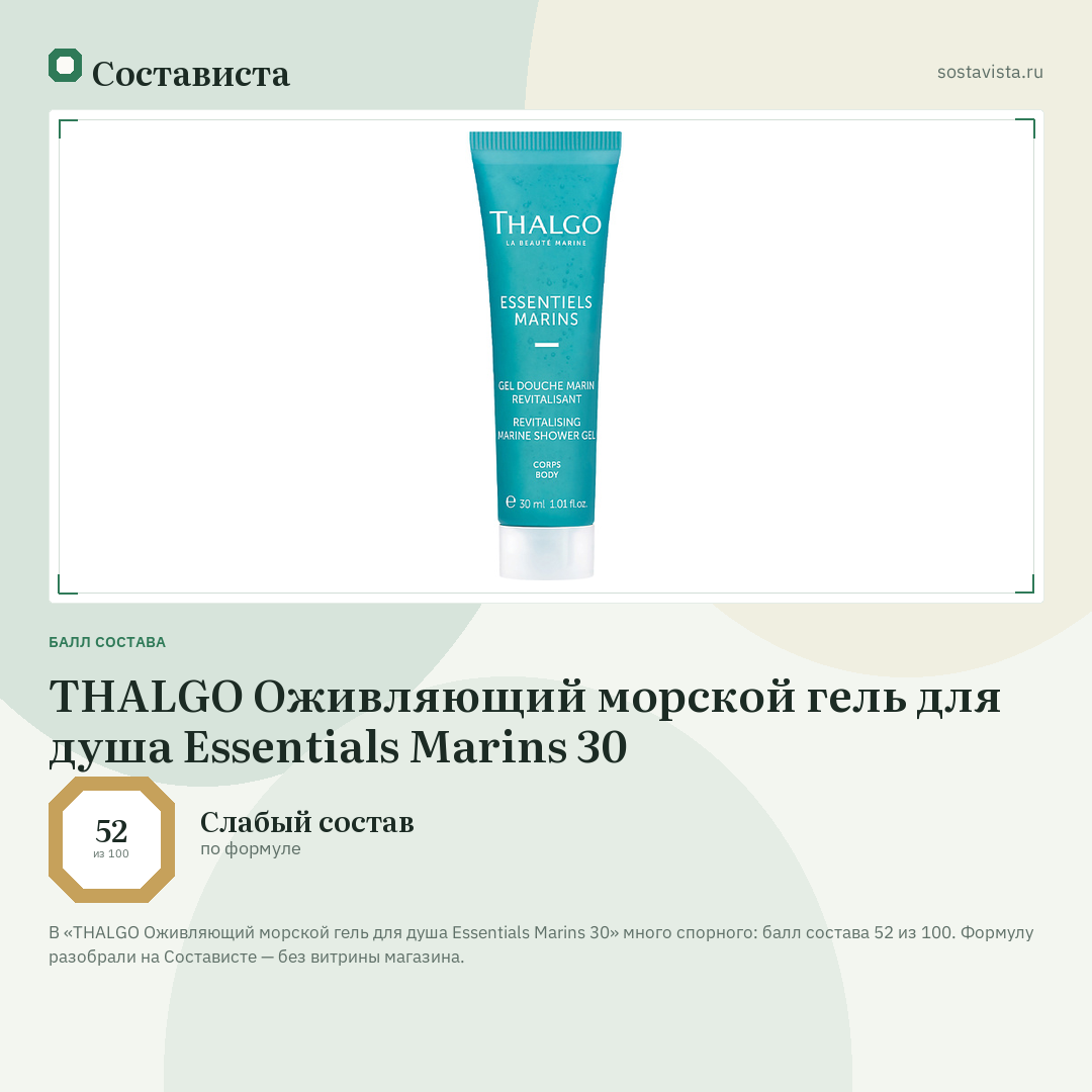 THALGO Оживляющий морской гель для душа Essentials Marins 30: балл состава 52 из 100 — Состависта