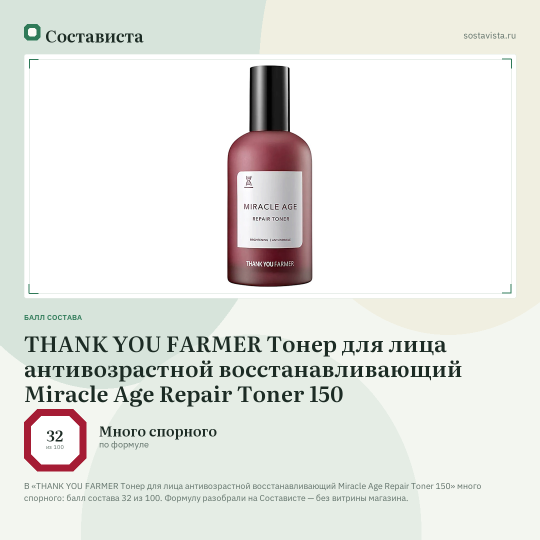 THANK YOU FARMER Тонер для лица антивозрастной восстанавливающий Miracle Age Repair Toner 150: балл состава 32 из 100 — Состависта