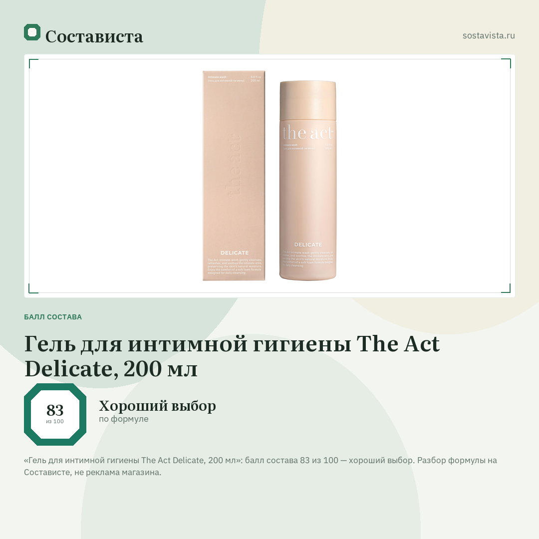 Гель для интимной гигиены The Act Delicate, 200 мл: балл состава 83 из 100 — Состависта