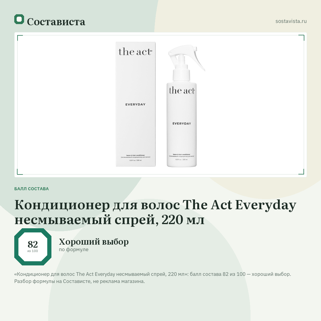 Кондиционер для волос The Act Everyday несмываемый спрей, 220 мл: балл состава 82 из 100 — Состависта